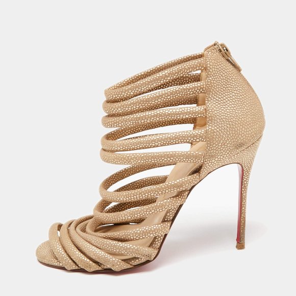 Christian Louboutin Gold/Brown Textured Suede Open-Toe Strappy Cage Sandals - Picture 2 of 12